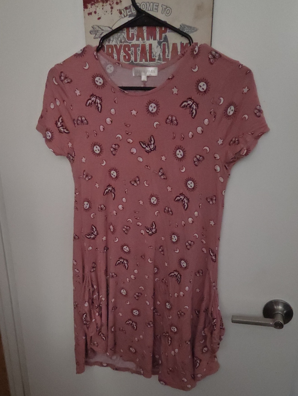 Women’s Dusty Rose Short Sleeve Casual Dress with Moon & Butterfly Print